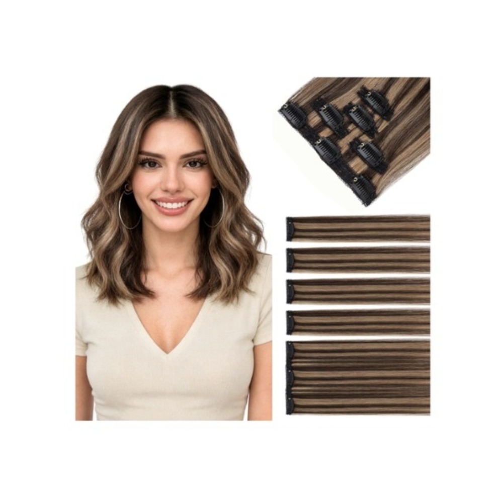 Hairro 10in Human Hair Extensions 5PC 7 Clips Dark Brown Mix Light Brown #2RP6